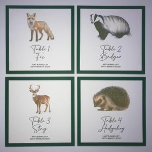 Numéros de table animaux des bois, panneaux de table de la faune britannique, mariage champêtre rustique, thème nature forêt