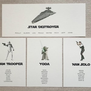Plano de asientos para bodas de Star Wars, plano de mesa personalizado de Star Wars, letreros de mesa con temática geek, decoración de bodas de ciencia ficción