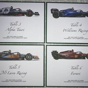 Formule 1 bruiloft tafelnummers, F1-tafelborden, tafelnamen raceauto's, teams / coureurs / auto's, motorracethema