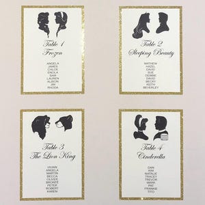 Planimetria per matrimonio Disney, Planimetria per coppie da favola, Matrimonio a tema La Bella e la Bestia, Silhouette dei personaggi Disney, Cartello da tavolo