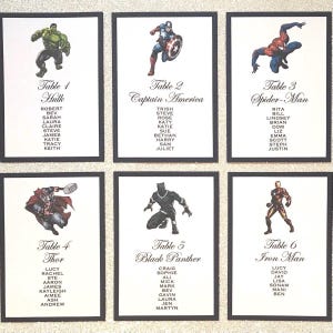 Plan de table de mariage super-héros, plan de table Marvel personnalisé, plan de table bande dessinée, marqueurs de table Avengers