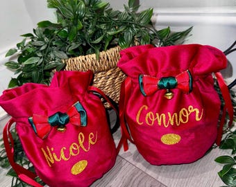 Christmas personalised pouches, stocking fillers| Velvet reindeer bell drawstring pouches, gift bag,