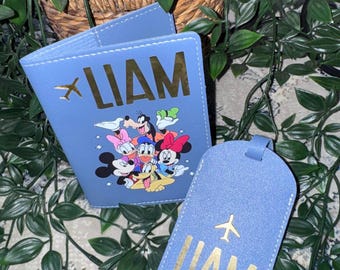 Mickey, Minnie themed personalised passport covers & luggage tag, Family, couple passport cover, Travel docs, Honeymoon, His and Hers