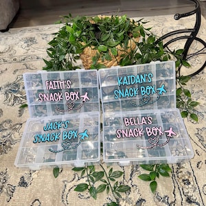 Puede incluir: Cuatro cajas de almacenamiento rectangulares de plástico transparente con divisores. Cada tapa presenta un nombre personalizado seguido del texto SNACK BOX, acompañado de un icono de avión y un gráfico de trayectoria de vuelo en vinilo.