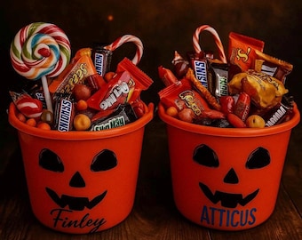 Large Halloween Trick or Treat buckets, personalised kids halloween buckets| Costume, table, dress up decorations| Pumpkin, Frankenstein|