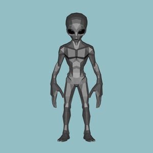 May include: A gray, geometric alien figure with large, dark eyes and a slender build. The alien has long arms and hands, and stands against a light blue background. The design is low-poly and stylized.