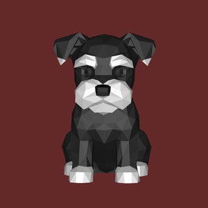 Op de afbeelding: Een geometrisch Schnauzer hondenbeeldje in low-poly stijl. De hond is overwegend zwart met witte accenten op de snuit, wenkbrauwen en poten. Het beeldje staat tegen een effen bordeauxrode achtergrond.