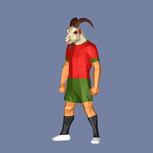 Puede incluir: Ilustración de baja resolución de una figura con cabeza de cabra con un uniforme de fútbol rojo y verde. La figura lleva calcetines negros y zapatos blancos. El fondo es de color azul liso.