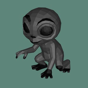 Puede incluir: Una figura digital tridimensional en low-poly de una pequeña criatura gris con una cabeza grande y redondeada, ojos negros de gran tamaño y una postura agachada. La figura presenta una textura de superficie geométrica con facetas.