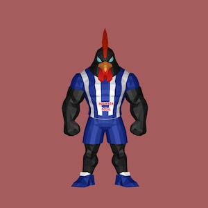 Puede incluir: Una representación 3D de un personaje de gallo musculoso que lleva una camiseta a rayas azules y blancas y pantalones cortos azules. El gallo tiene una cresta y una barbilla rojas, y la camiseta tiene el texto "apuesta total". El fondo es de color granate.