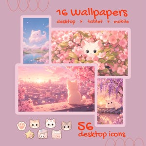 Paquete de fondos de pantalla e iconos de lindo gato Sakura Kawaii para escritorio / 16 fondos de pantalla + 56 iconos de escritorio / Iconos Kawaii para Mac / Descarga digital