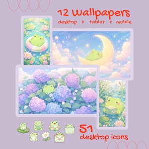 May include: A digital collection featuring 12 wallpapers for desktop, tablet, and mobile, and 51 desktop icons. The designs showcase light green frogs in various scenes, including floating on a lily pad, sleeping on a crescent moon, and reading.