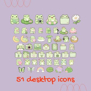 May include: A collection of 51 digital desktop icons featuring light green cartoon frogs in various activities, including reading, using a camera, sleeping on a moon, and interacting with folders, with the text 51 desktop icons at the bottom.