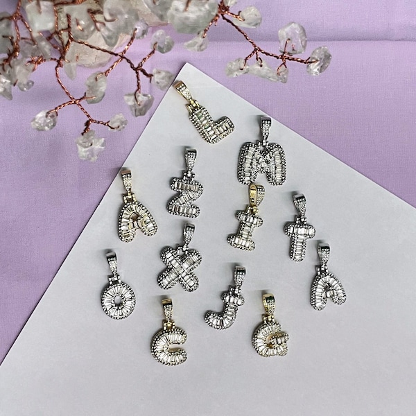 Luxury Silver Baguette Initial Charms, 14k Rhodium Plating, Pendant Charms Chain Necklace, Clear Rhinestones 14k Gold A to Z Letter handmade