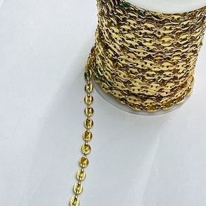 Gold Plated Anchor Chain by Yard, Gold Plated Round Oval Disc Chain Wholesale bulk Roll Chain for Jewelry Making 8.2mm x 6.9mm x 1.4mm