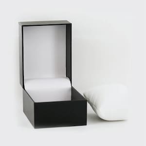 May include: A black watch box with a white cushion inside. The box is open and the cushion is visible.