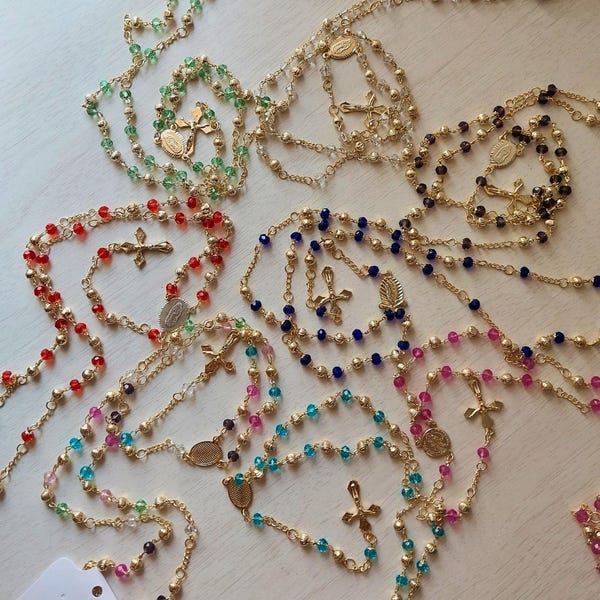 Mixed Lot Rosary Necklace: Glass Beads, 14K Gold Plated, Religious Favor