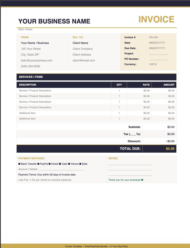 Invoice Template Printable PDF | 5 Professional Designs | Small ...