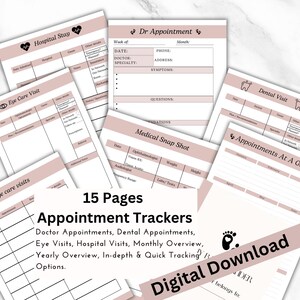 May include: A collection of printable appointment trackers in a soft pink and white color scheme. The pages include sections for doctor, dental, and eye appointments, hospital stays, and a medical snapshot. The text "Digital Download" is visible.