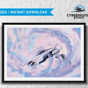 May include: A digital art print of a white spaceship flying through a swirling pink and blue nebula. The print is framed in a black frame.
