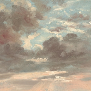 May include: A painting of a cloudy sky with shades of gray, blue, and pink. The clouds are fluffy and appear to be moving across the sky. The painting is done in a loose, impressionistic style.