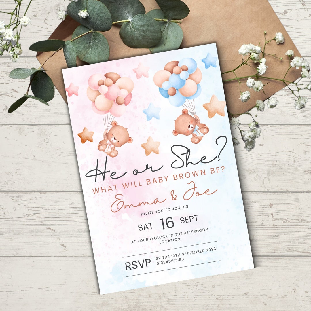Editable Gender Reveal Invitation Canva Template Invite He or She ...