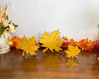 Gold Maple Leaves 3 Pack, Fall Leaf Farmhouse Decoration, Cozy Home Autumn Accent, Mantel, Tabletop Centerpiece, Shelf Sitter, Tiered Tray