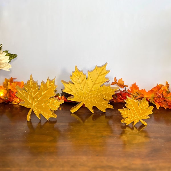 Gold Maple Leaves 3 Pack, Fall Leaf Farmhouse Decoration, Cozy Home Autumn Accent, Mantel, Tabletop Centerpiece, Shelf Sitter, Tiered Tray