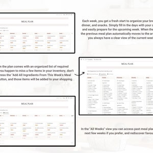 May include: A screenshot of a website showing a meal planning tool. The website has a light background with a dark gray header and a white menu bar. The website is divided into sections, each with a different heading. The first section is titled "Meal Plan" and shows a weekly meal planner with a grid of days and meals. The second section is titled "Add All Ingredients From This Week's Meal Plan to Cart" and shows a button that allows users to add all of the ingredients for the week's meals to their shopping cart. The third section is titled "All Weeks" and shows a button that allows users to view past meal plans.