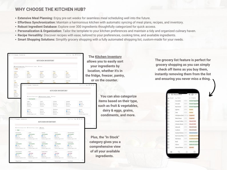 May include: A screenshot of a website showing a kitchen inventory management system. The system allows users to organize their ingredients by location, categorize them by type, and create a grocery list. The website is called "Kitchen Hub".