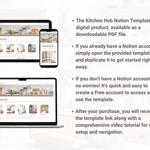 May include: A digital product, The Kitchen Hub Notion Template, is available as a downloadable PDF file. The template is shown on a laptop and a mobile phone screen. The template is designed to help users organize their kitchen and meal planning.