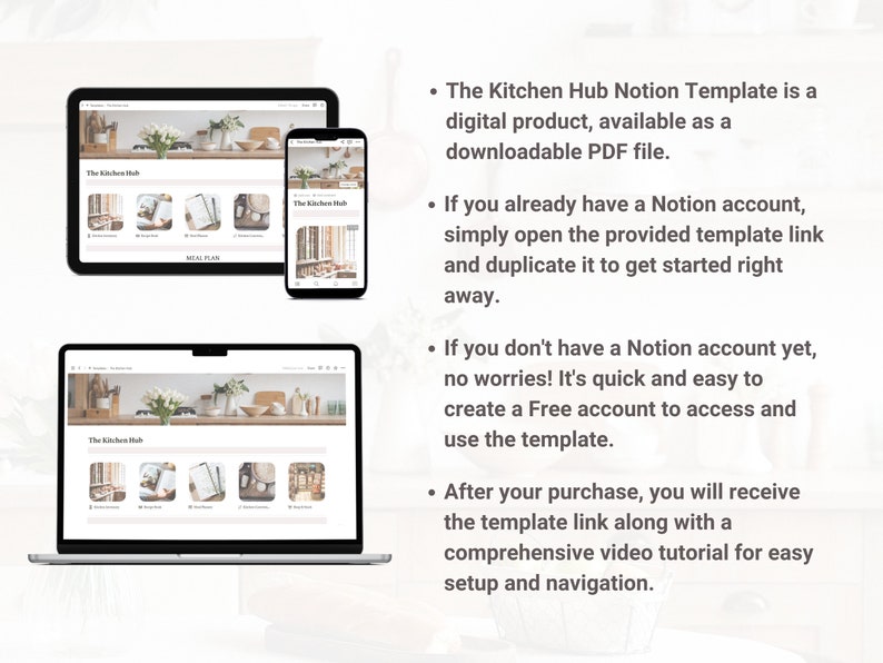 May include: A digital product, The Kitchen Hub Notion Template, is available as a downloadable PDF file. The template is shown on a laptop and a mobile phone screen. The template is designed to help users organize their kitchen and meal planning.