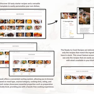 May include: A screenshot of a website showing a recipe book with a grid of 20 different food images. The website allows users to browse recipes based on meal type, course, cooking time, rating, and favorites. The website also features a "Ready-to-Cook Recipes" section that displays recipes based on the ingredients available in the user's kitchen.