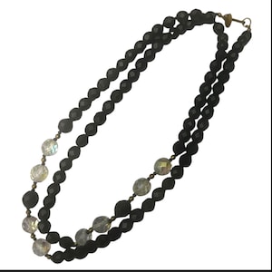 Vintage 32”  Signed Miriam Haskell Black and Clear iridescent beaded necklace MCM Mid Century 1950s
