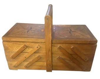 Vtg Wooden Sewing Box Cantilever 3 Tier Accordion Organizer Craft  Storage 16
