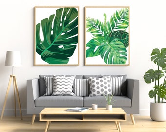 Tropical Wall Art, Digital Download, Instant Download, Printable Green Leaf Wall Art, Nature Wall Art Set,Tropical Plant Wall Art Home Decor