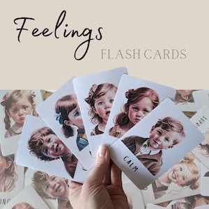 Tarjetas didácticas de sentimientos: Tarjetas de emociones Montessori para niños, ilustraciones realistas, niños pequeños y preescolares, acuarela