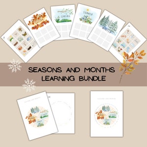 Peut inclure: Un lot d'apprentissage imprimable pour les enfants avec des illustrations colorées des quatre saisons : printemps, été, automne et hiver. Le lot comprend des feuilles de travail, une roue et d'autres activités pour aider les enfants à apprendre les saisons et les mois de l'année.