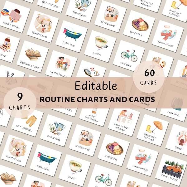 Tableau de routine visuel modifiable : programme quotidien des enfants avec cartes. Matin, après-midi, soir. Tableau des tâches ménagères pour les tout-petits et imprimables.