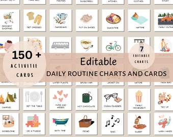 Tableau des routines quotidiennes pour enfants avec plus de 150 cartes, programme quotidien modifiable pour les enfants. Tableau des tâches et des responsabilités du matin, de l'après-midi et du soir