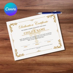 Plantilla de certificado de dedicación de bebé, certificado de dedicación de niño editable, plantilla de certificado de bautizo de bebé imprimible en Canva
