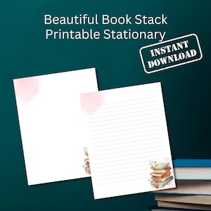 May include: Printable stationery featuring a stack of books with pink watercolour accents. The text "Instant Download" is in a white rectangle with a distressed black border.
