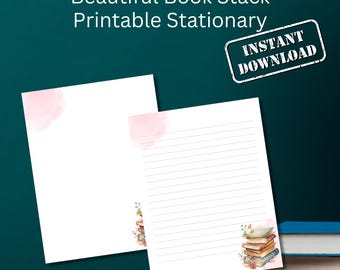 Book Lover Readers Printable Stationary, Relaxing Book Stack Printable Letter Paper, Lined Paper, Note Paper, Letter Writing Paper 2 sizes