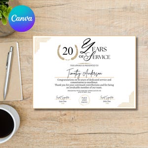 Plantilla de premio editable por años de servicio, obsequio corporativo, ceremonia de premios a empleados, certificado de reconocimiento del personal, carta personalizada de EE. UU.