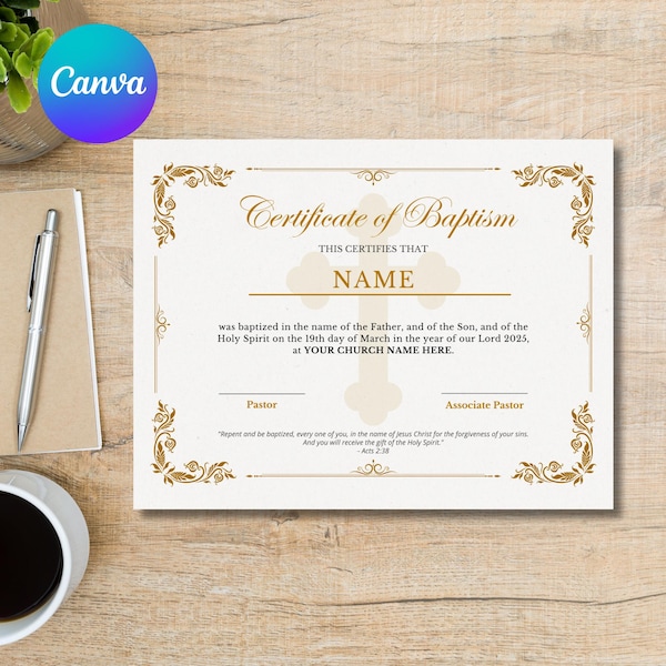 Editable Baptism Certificate Template | Printable Baptism Certificate | Dedication Certificate | Canva Template | US Letter