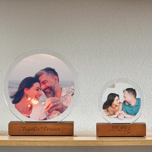 Personalized Acrylic Song Plaque Photo Block - Round Custom Picture Frame with Laser Engraved Wood Stand - First Anniversary Gift for Couple