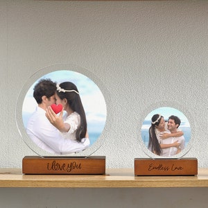 Personalized Photo Frame with Engraved Wood Stand - Custom Acrylic Plaque Picture Frames - 10 Year Anniversary Gift for Couple Wedding