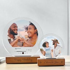 Romantic Acrylic Photo Print Gift for Her - Round Picture Frame On Custom Engraved Wooden Base - Personalized Frame Gift for Wife