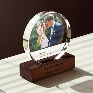 Custom Engraved Wood Round Acrylic Photo Frame - Picture Frame Personalized for 1st Wedding Anniversary Gift - Modern Photo Display Stand