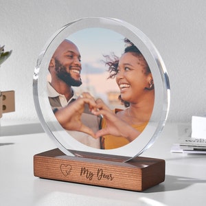 Custom Engraved Photo Frame - Personalized Frame One Year Anniversary Gifts for Her - Acrylic Photo Print with Wood Base for Office Desk